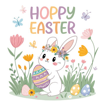 Cute bunny with floral crown and colorful easter eggs illustration