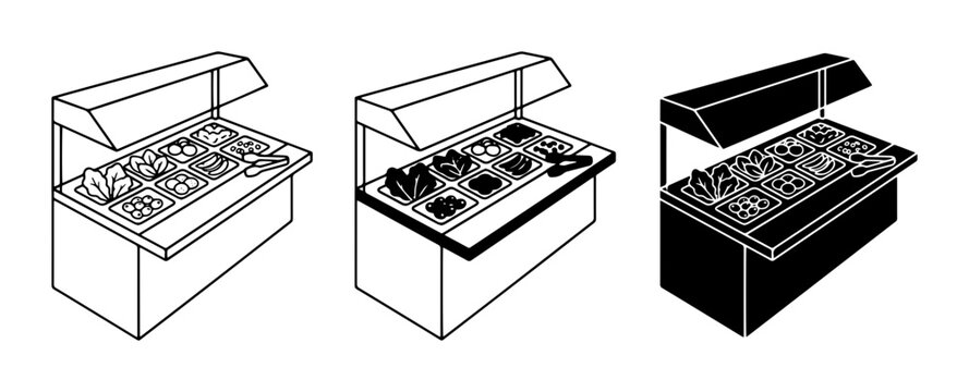 Buffet Food Service Stations, Salad Bar Equipment, Catering Display Units, Vector Icons