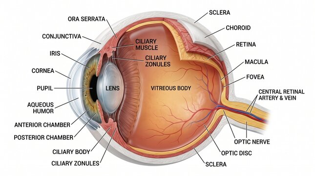 Detailed anatomical diagram of human eye structure showing internal parts with labeled internal structures structures cross sections displays detailed