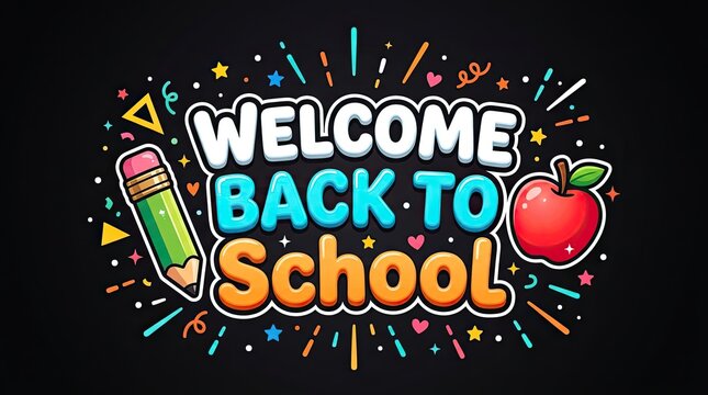 Colorful welcome back to school typography design featuring a pencil and red apple on a dark black background