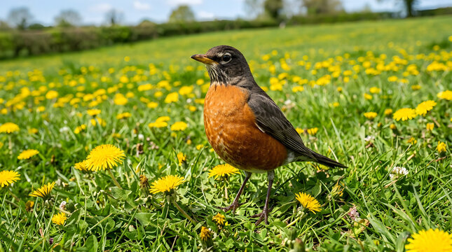 American Robin bird in vibrant natural setting with bright daylight on green grass and yellow dandelions, captured in a detailed outdoor close-up for spring season imagery.
