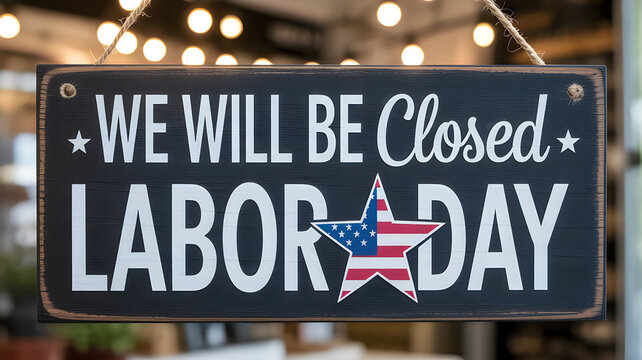A rustic sign hanging in a storefront window announcing that the business will be closed for labor day