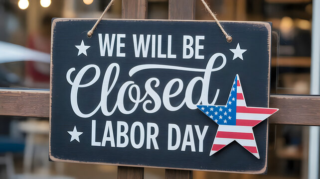 A small chalkboard sign hanging in a window announcing that the business is closed for labor day