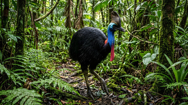 Southern Cassowary majestic and wild with vibrant blue and red plumage in lush green jungle with natural light, detailed wildlife photography for nature conservation and environmental education.
