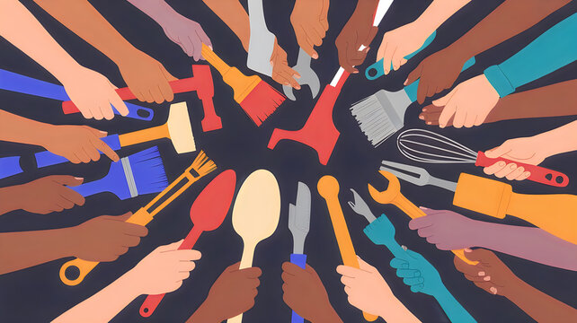 Diverse hands holding various construction tools and equipment arranged in a circle representing teamwork and labor day