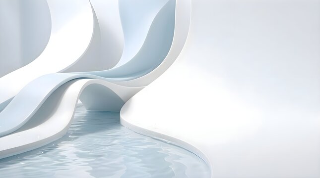 Abstract White Curved Surfaces with Reflective Water and Minimal Background
