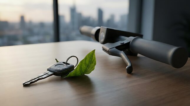 Car key and electric scooter handle on wooden desk