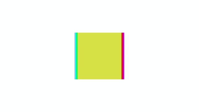 Abstract square tile with vibrant cyan magenta and yellow RGB split edges pulsing in scale with chromatic aberration on white background loop