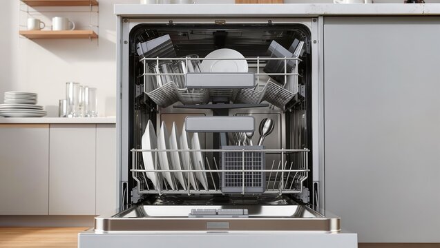 Open built-in dishwasher loaded with clean plates, glasses, and silverware in a modern kitchen. Kitchen appliances, household chores, and dishwashing concept