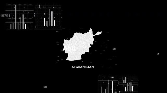 Afghanistan map animation showcasing economy, infrastructure, technology, population, energy, trade, and national development data for presentations, films, documentaries, and motion graphics.