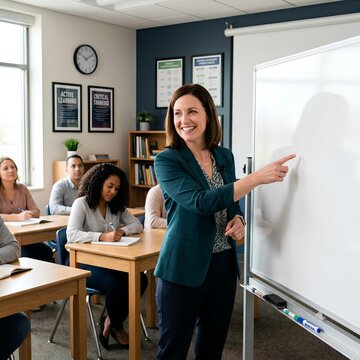 Teacher pointing at whiteboard in classroom with students learning