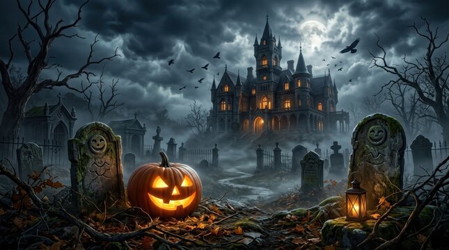 Haunted castle and graveyard with glowing jack o lantern on Halloween night