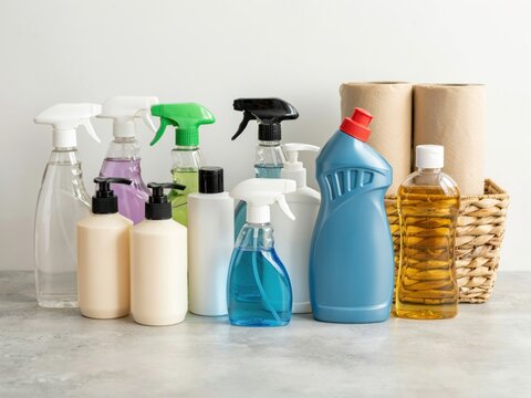 Various household cleaning supplies grouped together. Ideal for janitorial.