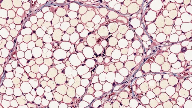 Scientific illustration of human fat body or adipose tissue under microscopic view, detailed fat cells, cellular structure, biomedical research, histology, 4K video