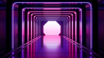 Obraz premium Futuristic corridor with glowing purple neon light arches, reflective floor, and a bright octagonal portal at the end of the tunnel