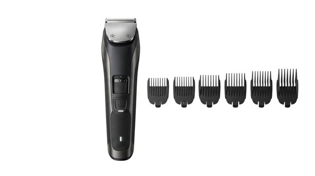 Professional electric hair clipper with 6 attachment combs, cordless beard trimmer set, modern grooming kit for men isolated PNG with Transparent Background