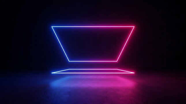 Glowing neon trapezoid frame with blue and pink light lines, floating above a dark reflective floor in a minimalist black space