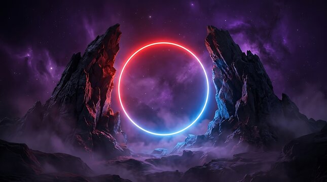 Glowing red and blue neon circle portal between two jagged rocky mountain peaks in a dark purple nebula space landscape