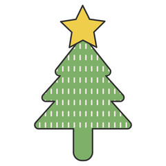 Fototapeta premium Flat style sticker illustration of a stylized christmas tree with star topper isolated on transparent background. Festive holiday fir tree clip art graphic icon element for winter project asset.