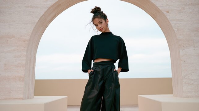 Modern Fashion: Confident Young Woman in Black Outfit Under Stylish Archway