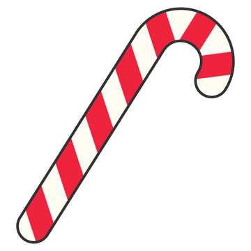 Flat style sticker illustration of a red and white striped christmas candy cane isolated on transparent background. Festive peppermint sweet treat clip art graphic icon element for xmas asset.
