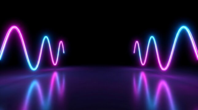 Neon sine waves in pink and blue glowing on a reflective surface, abstract digital background, with sinusoidal light, patterns in dark space