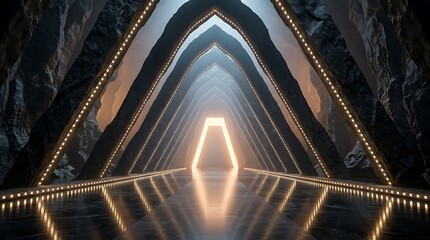 Obraz premium Symmetrical tunnel with pointed arches, dark textured rock walls, illuminated led strip borders, and a glowing golden light at the far end