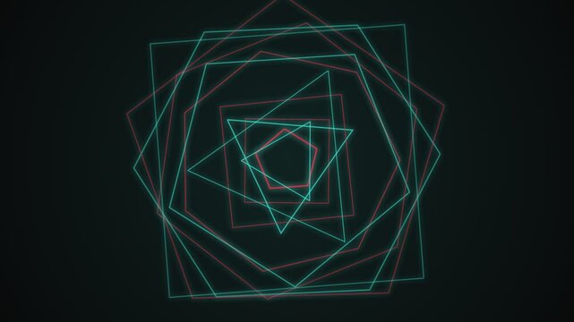 Neon glowing geometric pentagon shapes rotating in a continuous hypnotic motion loop animation