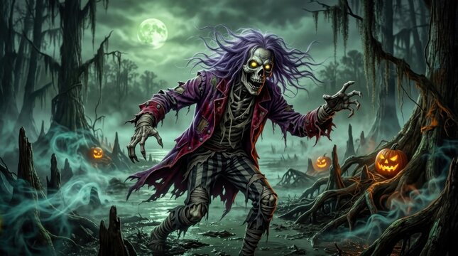 Spooky skeleton monster with purple hair in a haunted swamp at night