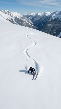Skieur descendant une pente enneig&eacute;e en montagne