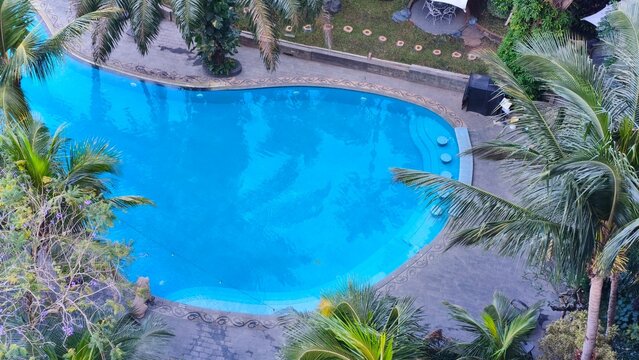 Aerial View Tropical Resort Swimming Pool Surrounded by Palm Trees, Luxury Hotel Background