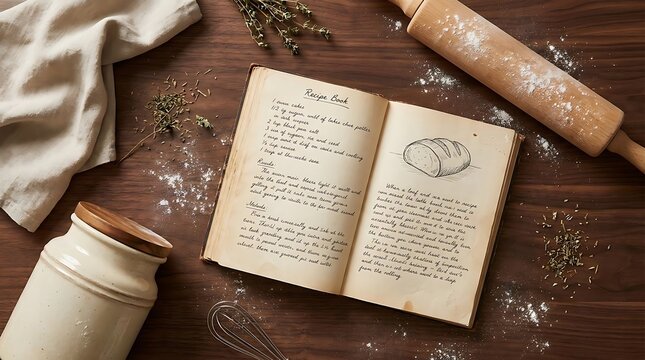 Vintage open cookbook with rolling pin on wooden table