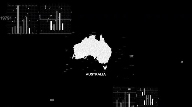 Australia map animation showcasing economy, infrastructure, technology, population, energy, trade, and national development data for presentations, films, documentaries, and motion graphics.