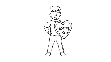 Continuous line drawing of a brave boy holding a heart shield with protect text