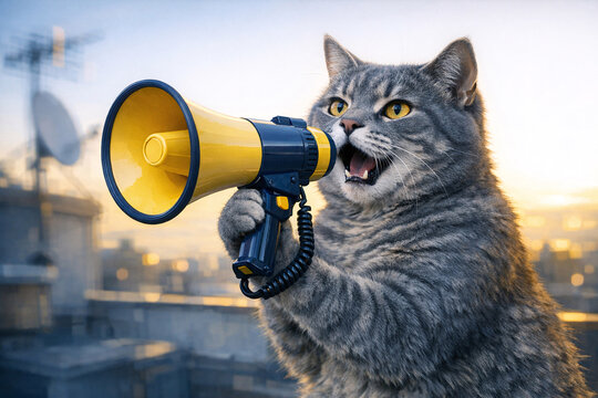 A cat screaming into a megaphone, expressive face.