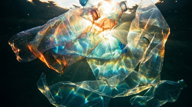 Plastic bottles floating underwater with sunlight rays and refraction