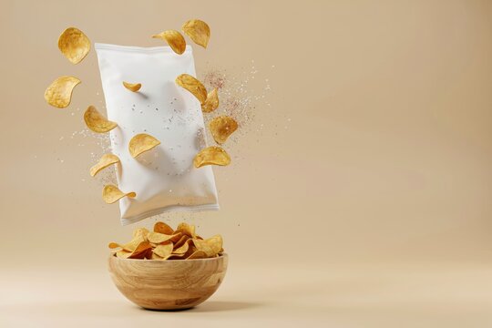 Crispy chips flying from a bag into a bowl. Healthy food advertising concept.