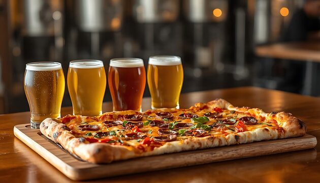 Rustic Rectangular Pepperoni and Vegetable Pizza in Warm Industrial Brewery Restaurant