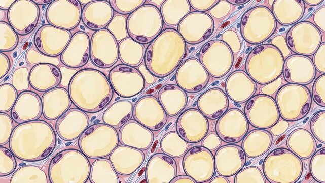 Scientific illustration of human fat body or adipose tissue under microscopic view, detailed fat cells, cellular structure, biomedical research, histology, 4K video