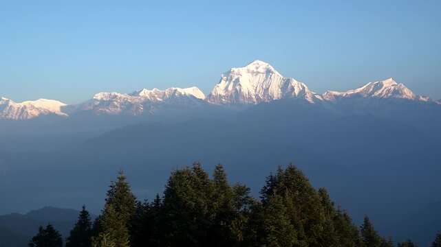 Handheld footage,Landscape nature Mt. Dhaulagiri massif snow mountain with sunrise on himalaya rang mountain in the morning seen from Poon Hill, Nepal -Blue Nature travel and trekking park and outdoor