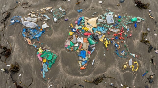 World map formed by colorful plastic waste on sandy beach