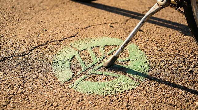 Close up of bicycle tire near green painted symbol