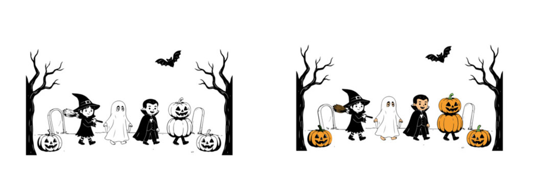 Cute cartoon children dressed in halloween costumes like ghosts witches vampires and pumpkins standing in a spooky graveyard setting
