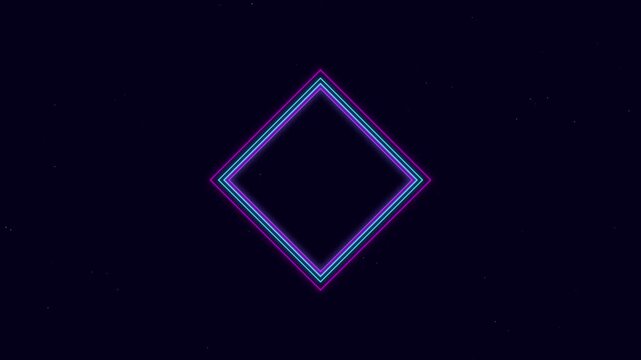 Neon diamond light shapes with glowing purple and blue lines pulsing on dark star background in dynamic motion loop for music event video backdrop.