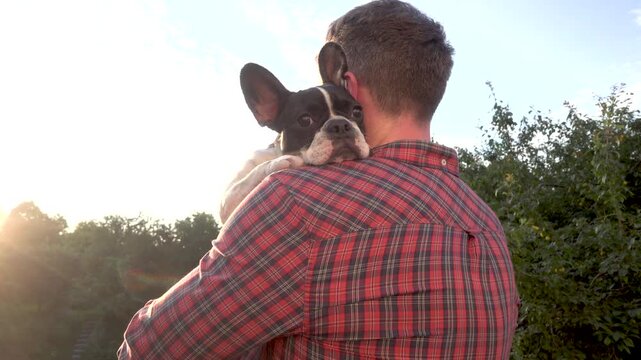 Cute French Bulldog resting head on male owner's shoulder near a window. Pet friendship, trust, and companionship concept. Ideal for emotional support, adoption, pet care content. Warm, natural light