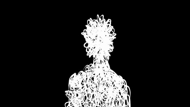 Abstract scribble human silhouette flickering in dark digital space.