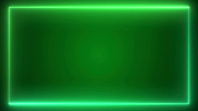 Abstract green neon rectangular border frame with glowing light motion effect on dark background.