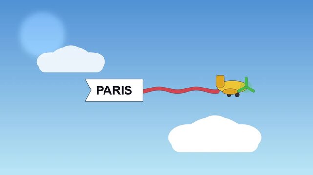 Animated cartoon airplane flying with paris text banner advertisement through clouds, sky motion graphic