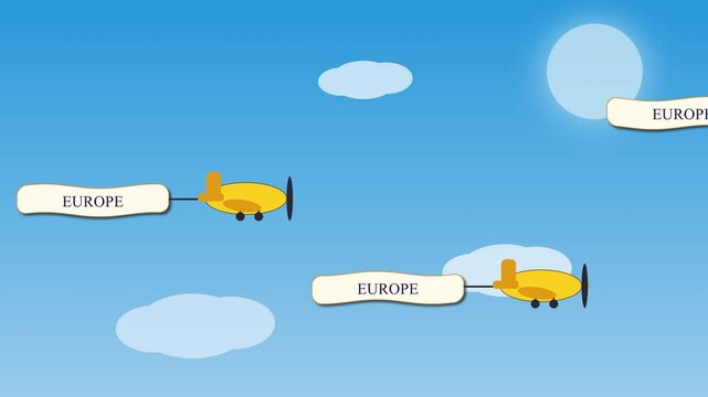 Animated yellow airplanes flying in bright blue sky with cartoon clouds towing "Europe" text banners, travel concept