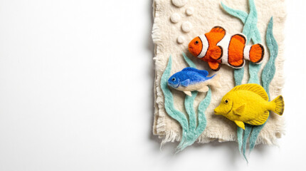 Fototapeta premium Colorful fish made of felt with seaweed on textured background 